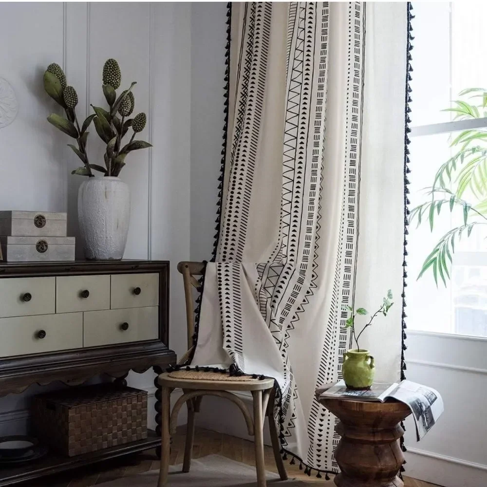 Bohemian Cotton Linen Curtain Panel with Tassels Geometric Print Farmhouse